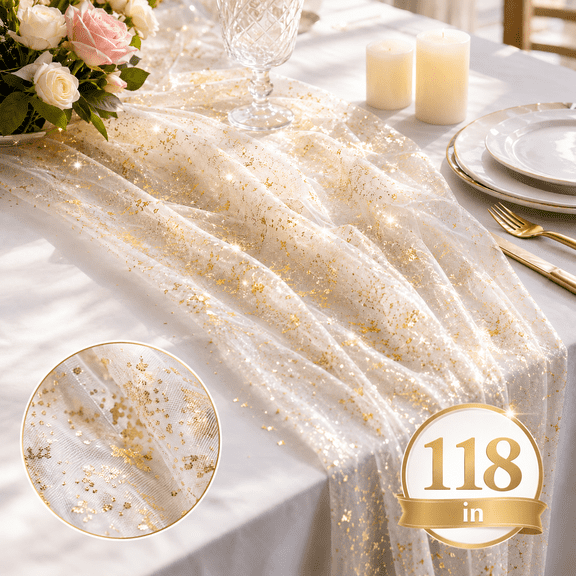 Gold Foil Sheer Table Runner 118" x 28.3", Metallic Glitter Gauze Tablecloth for Wedding Party Home Decor, Cuttable.