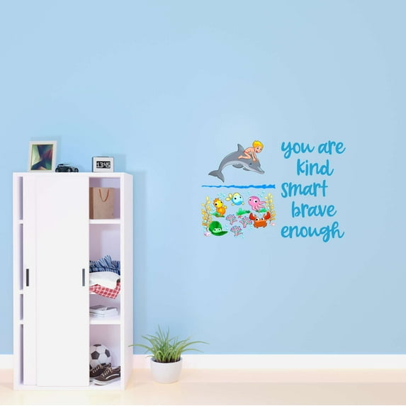 Children You are Kind Smart Brave enough Cute Cartoon Wall Decal Decoration Cute Cartoon Boy riding on a Dolphin Wall Decal Lasts Years and Easily Removable - Size: 20 In(W) x 14 In(H)