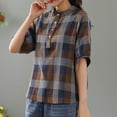 thumbnail image 6 of Dazajoo Plaid Linen Shirt for Women Summer Short Sleeve Color Block Blouse Tops with 4 Buttons Casual Lapel T-Shirts,Coffee,XXL, 6 of 6