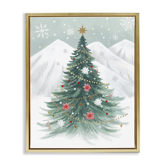 Stupell Industries Rustic Lodge Subtle Christmas Tree in Snow Gold Floating Frame Canvas Art, 17 x 21, by Sharon Lee