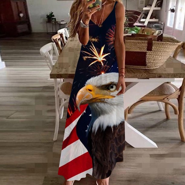 Puntoco Vestidos Mujer Verano Estilo Verano Mujer Día De La Independencia Impreso Correa De Vacaciones Vestido con Cuello En V