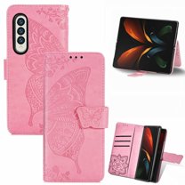 Dteck Galaxy Z Fold3 5G 7.6-inch Case,Magnetic Butterfly Pattern Leather Card Holder Wallet Case Kickstand Anti-Scratch Shookproof Protection Strap Cover for Samsung Galaxy Z Fold3 5G,Pink