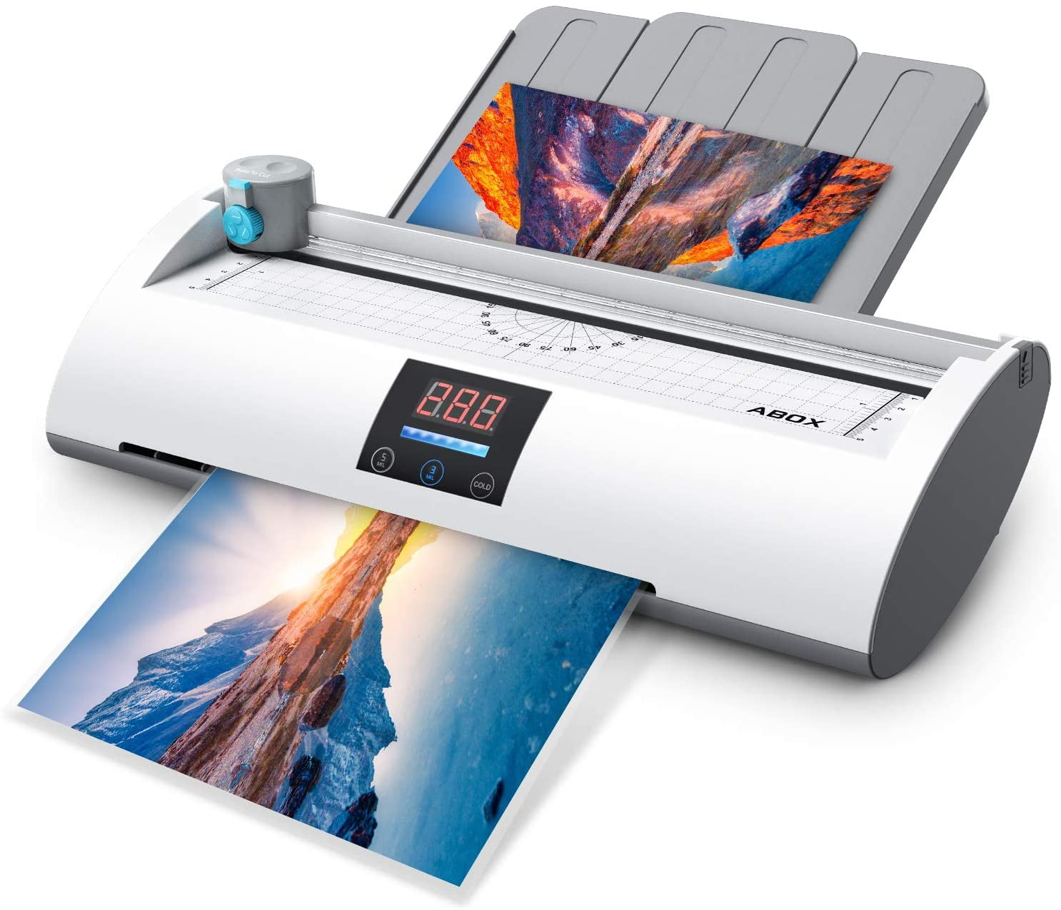 ABOX Laminator Machine, A4 Thermal Laminating Machine with Feeding Tray, Trimmer, Corner Rounder