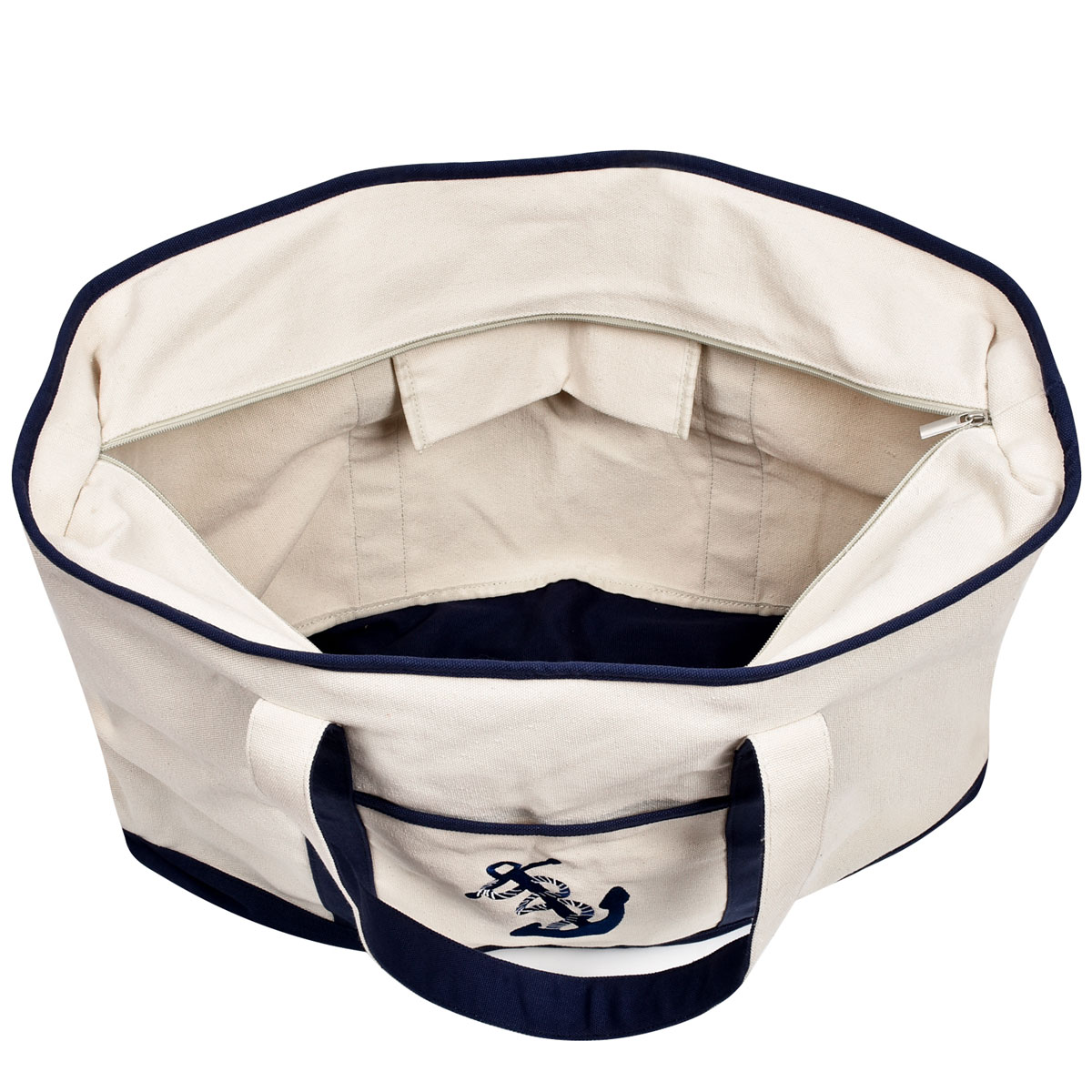 25" Extra Large Canvas Tote Bag Heavy Duty Roomy Zipper Grocery Shopping Carry Beach Boat Bag Handbag with Embroidered Anchor - Beige