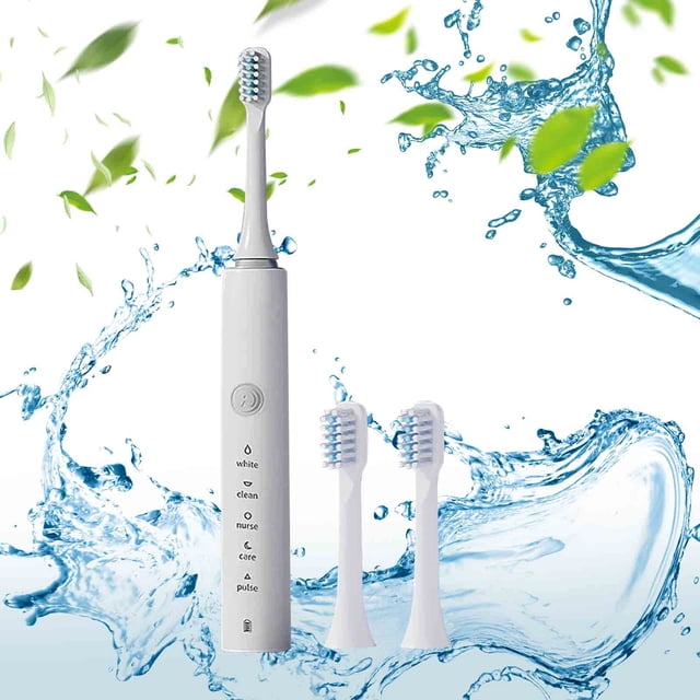 Cepillo de dientes eléctrico ultrasónico blanco - Cepillo de dientes de alta frecuencia con 3 cabezales, 6 modos para adultos y niños