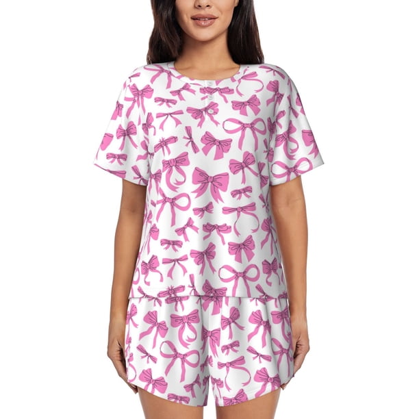 Fotbe Pink bows Conjunto de Pijama Estampado para Mujer, 2 Piezas, Ropa de Dormir con Camiseta de Manga Corta y Shorts Suaves-Small