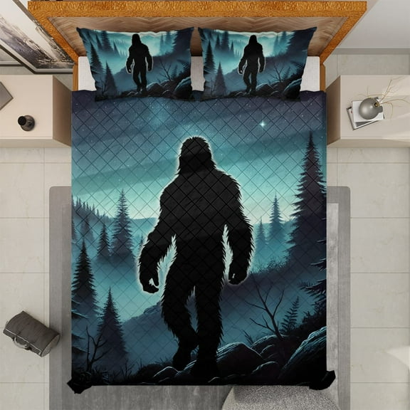 Lotusprinthandmade Bigfoot in Forest Graphic Quilt Bedding Set (White Binding) 5 Sizes (Made in Vietnam) (55x60), bigfoot graphic quilt set