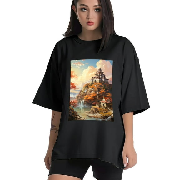 Plus Size Shirt for Women Black Tops for Women Short Sleeves Shirt for Women Castle T Shirt Crewneck Shirt for Women XS