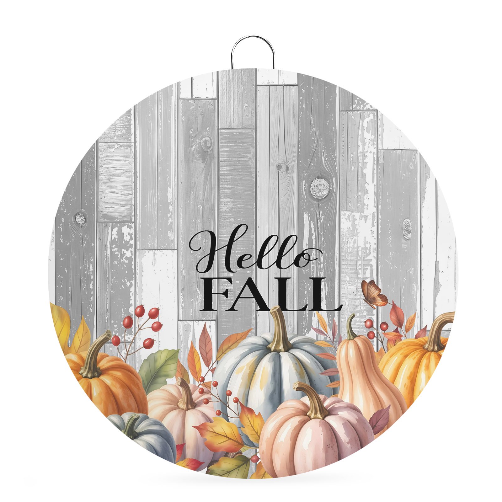 Welcome Sign for Front Door Fall Pink Pumpkin 6 Inch Round Metal Sign for Home Decoration Orange Blue Thanksgiving Grey Wood Decorative Wall Signs for Holiday Party Supplies Decor
