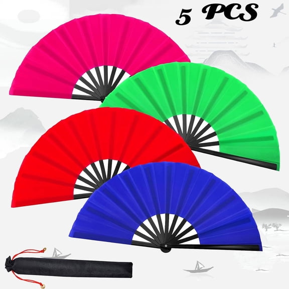 4 Pcs Large Folding Hand Fans, Silk Folding Fans, Chinese Handheld Tai Ji Fan, Fans for Line Dancing Big Clapping Popping Raves, Clack Fans, Festival, Kungfu, Martial Art, Gift