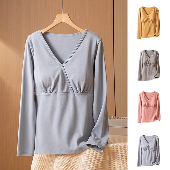 Hesxuno Women Long Sleeve T Shirts V Neck Wrap Cotton Tops Casual Built-In Bra Maternity Shirts Belly friendly Nursing Clothes Summer Spring Lounge Tee Shirts Gray XXL