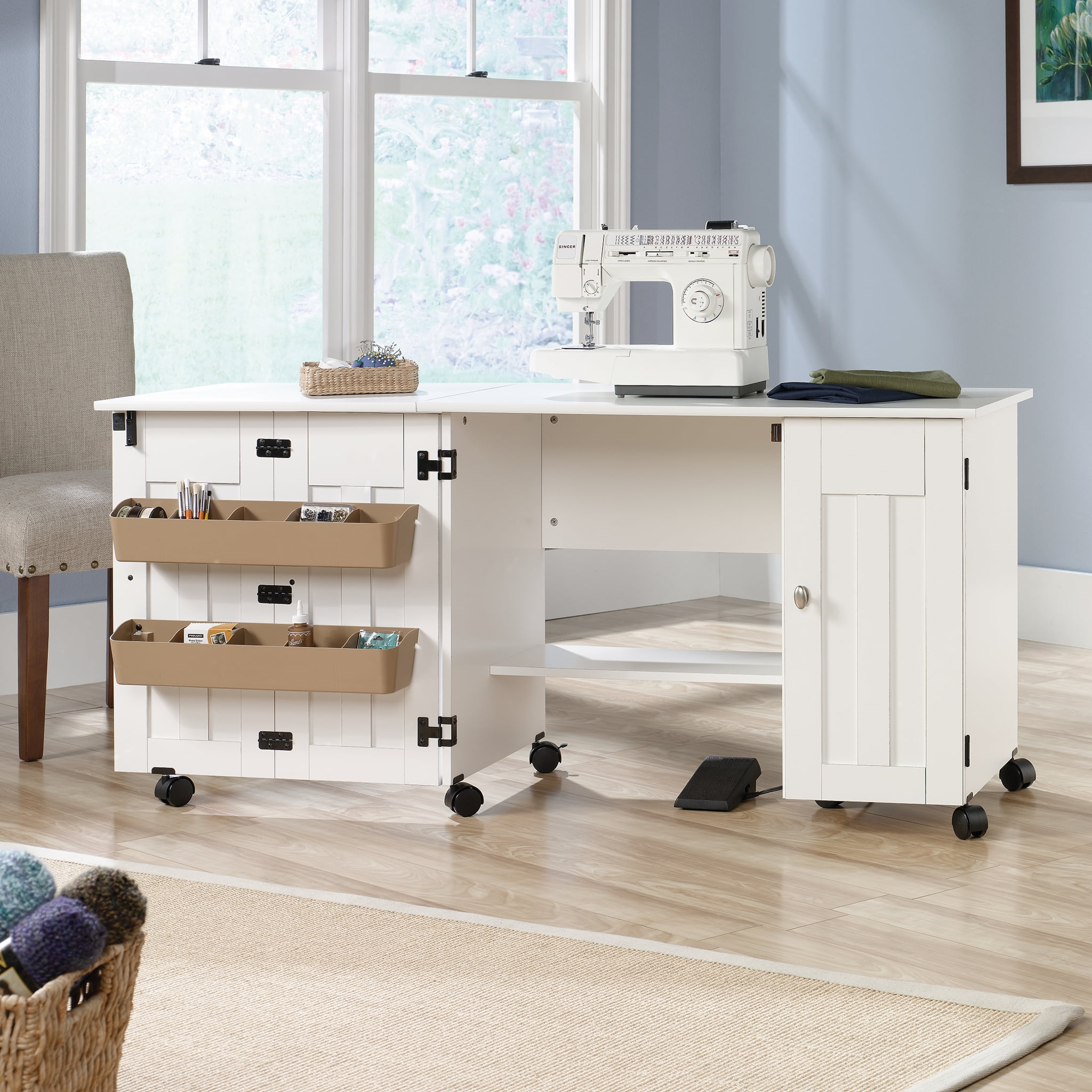 Sewing Craft Table Workstation With Storage Doors Shelves Space Saving Cabinet 