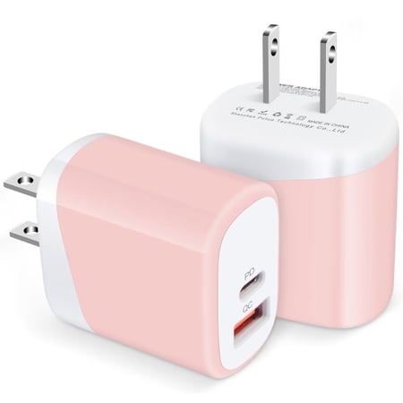 USB C Block Charger 2PCS ABCPOW 20W PD Type C Charger Block QC3.0 Dual USB Wall Charger Adapter Plug USB C Brick Power Delivery Fast Charge Quick Charging Charger Block Pink