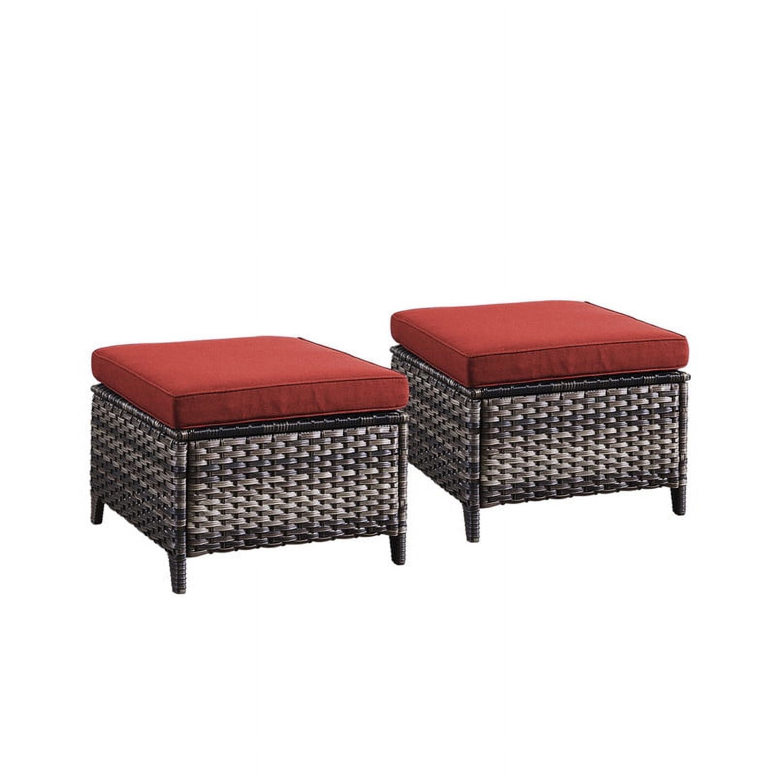 PARKWELL 2PCS Outdoor Wicker Ottoman Patio Rattan Furniture Footrest Seat Square Footstool w/Red Cushion