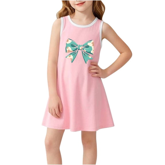IFNWSV Girls Sundress Sleeveless Round Neck Fashion Bow Print A Line Casual Summer Tank Dress Pink 6-7 Years