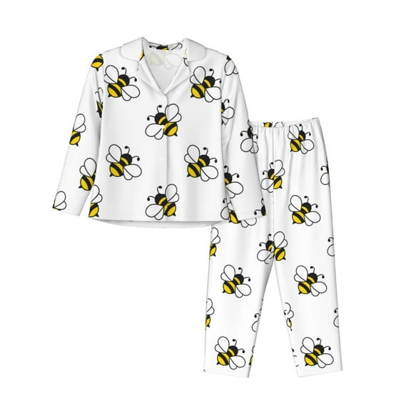 Pajamas for Women Set - cute bees cartoon white Comfy Long Sleeve Button Up Pajama Sets for Women 2 Piece, Soft Sleepwear Nightwear Pjs Lounge Sets for Women with Pockets