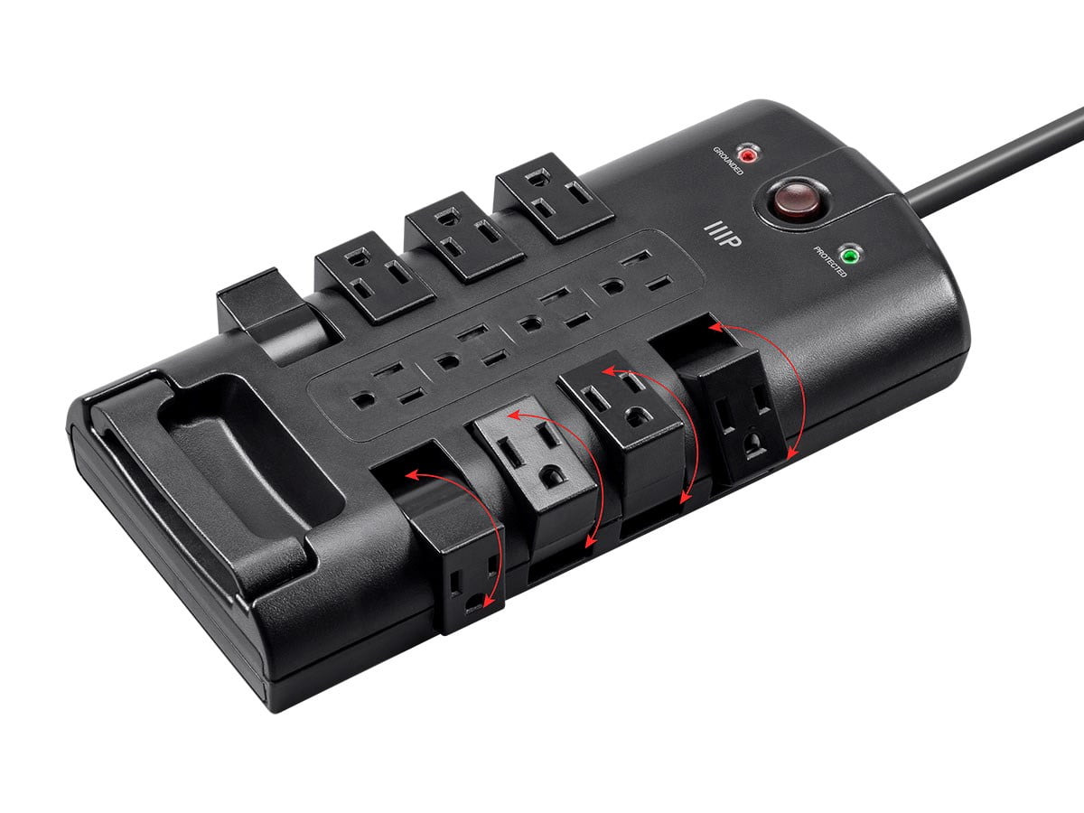 Monoprice 12 Outlet Rotating Surge Protector Power Block / Strip - 10 Feet - Black | Heavy Duty Cord | UL Rated, 4,320 Joules With Grounded And Protected Light Indicator
