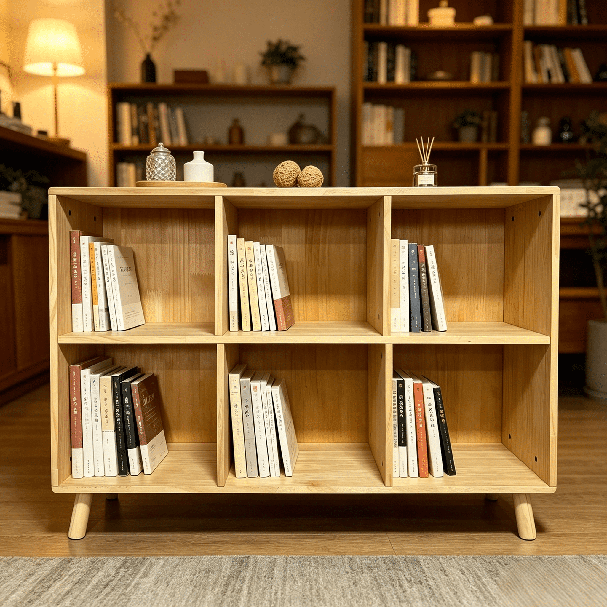 6 Cube Solid Wood Storage Shelf, Freestanding Open Bookcase with Legs, 2-Tier Cubby Organizer for Living Room, Bedroom, Office and Entryway