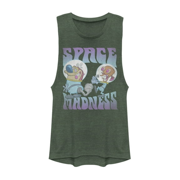 Junior's The Ren & Stimpy Show Space Madness Festival Muscle Graphic Tee Pine Green Heather Medium