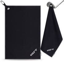 Golf'N Magnetic Microfiber Golf Towel Black 16" x 24" with Carabiner Clip