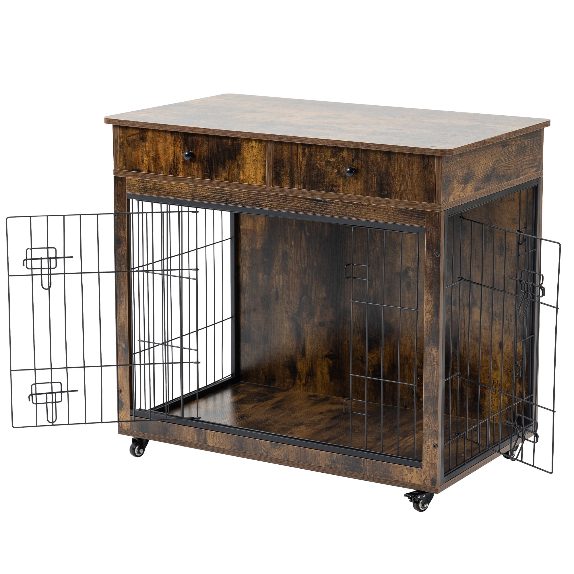 Pefilos 31" Wooden Dog Crate Furniture with 2 Drawers Storage, Indoor Dog Kennel, Heavy Duty Dog Cage for Small, Brown Pefilos 31" Wooden Dog Crate Furniture with 2 Drawers Storage, Indoor Dog Kennel, Heavy Duty Dog Cage for Small, Brown