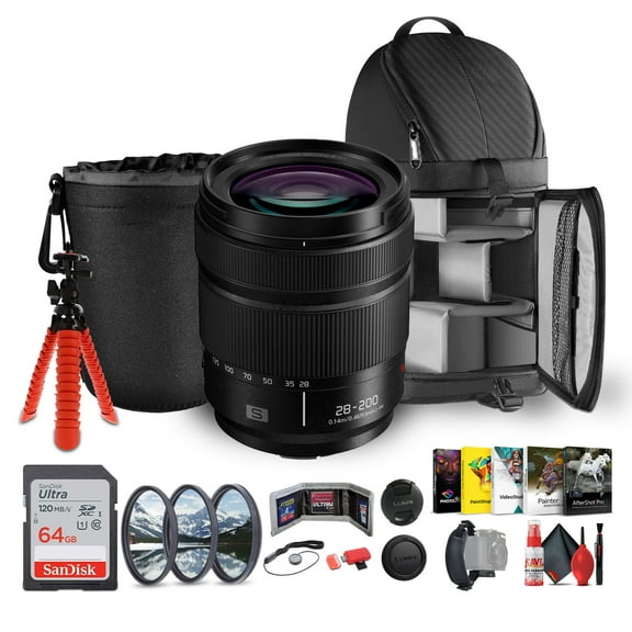 Panasonic Lumix S 28-200mm f/4-7.1 MACRO O.I.S. Lens (L-Mount) (S-R28200)   Sling Backpack   Photography Software   64GB Memory Card   Lens Filter Kit   Flexible Tripod   Cleaning Kit   More