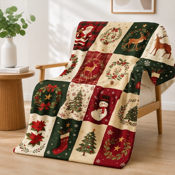 Rdsfhsp Christmas Santa Claus Wreath Snowman Patchwork Flannel Throw Blanket Soft Warm Cozy Fleece Blanket Holiday Season Decor