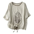 thumbnail image 2 of WXLWZYWL Womens Summer Tops Plus Size Short Sleeve Crew Neck Drawstring Hem Tree Branches Embroidery T-Shirt Cotton Linen Tops Blouse Casual Loose Shirts, 2 of 6