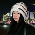 thumbnail image 3 of Riguas Women Winter Beanie Thick Soft Plush Striped Color Matching Knitted Fluffy Heat Retention Anti-slip Elastic No Brim Dome Shape Windproof Lady Outdoor Hat Cap, 3 of 7