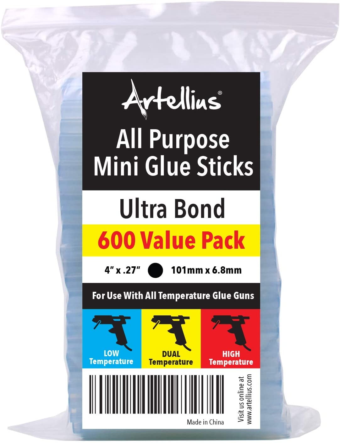 Artellius Pack of 600 Mini Hot Glue Gun Sticks Bulk, 4" x 0.27