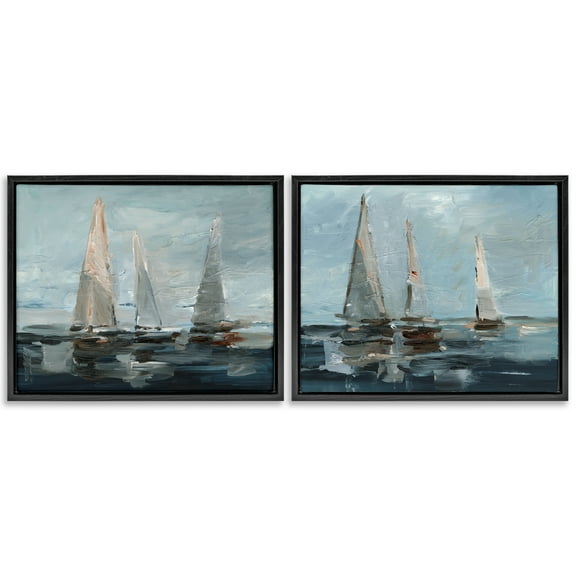 Stupell Industries Sailboat Seascape Impressions Nautical & Beach Painting Black Floater Framed Canvas Art Print Wall Art, 21 x 17, Set of 2