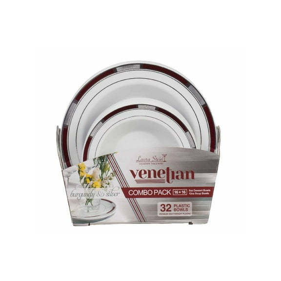 Venetian Collection Combo Pack - White w/Burgundy & Silver Border Dinner and Salad Plates, 32 count