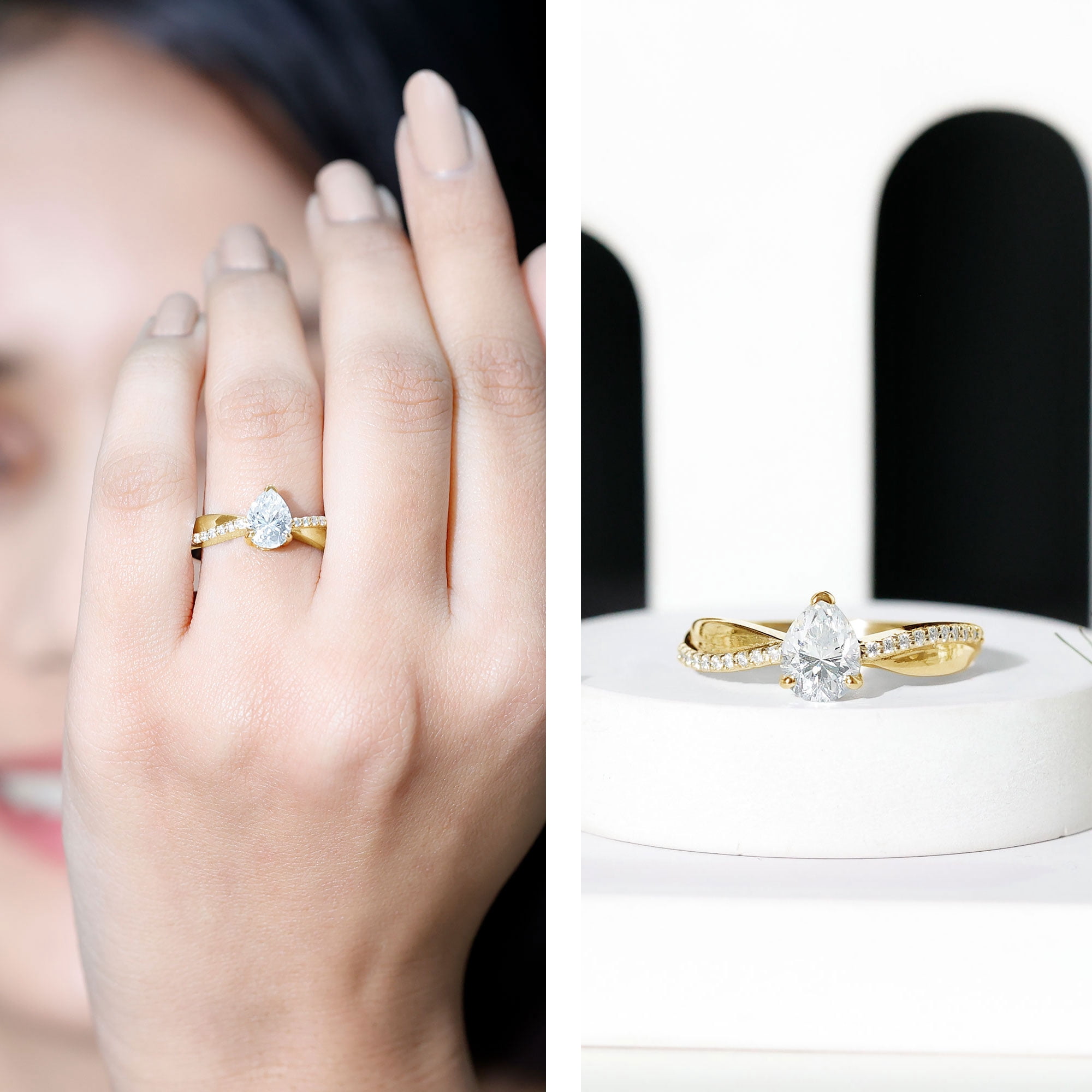 Rosec Jewels Pear Shaped Moissanite Solitaire Engagement Ring for Women (1.3 Carat, D-VS1 Quality) - Jewelry Box Included, 14K Yellow Gold, US 13.00