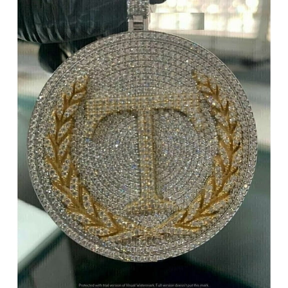 3Ct Lab Created Diamond Men Customize "T" Letter Pendant 14K Yellow Gold Plated