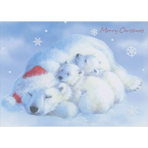 Designer Greetings Resting Polar Bear with Two Cubs Cuddling at its Side Box of 15 Christmas Cards