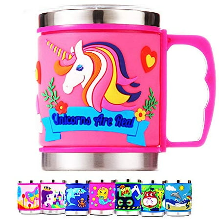 

12 Oz Kids Stainless Steel Unicorn Pink 3D Mug with 2 Pack Slider Closure Lids - Eco-Friendly - BPA Free - by F-32 Signature Collection (Unicorn Pink)