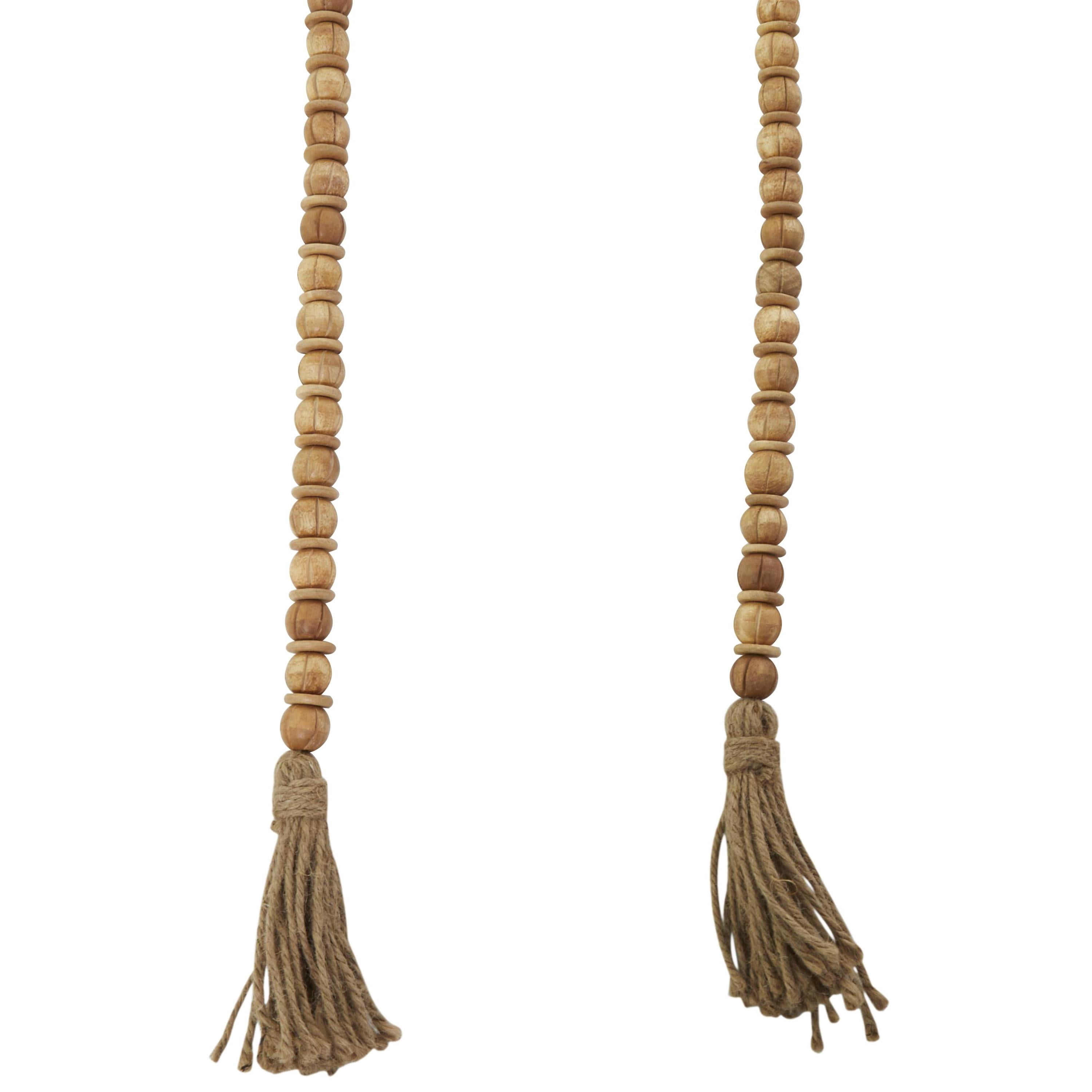 DecMode Handmade Round Long Carved Beaded Brown Mango Wood Garland with Tassel