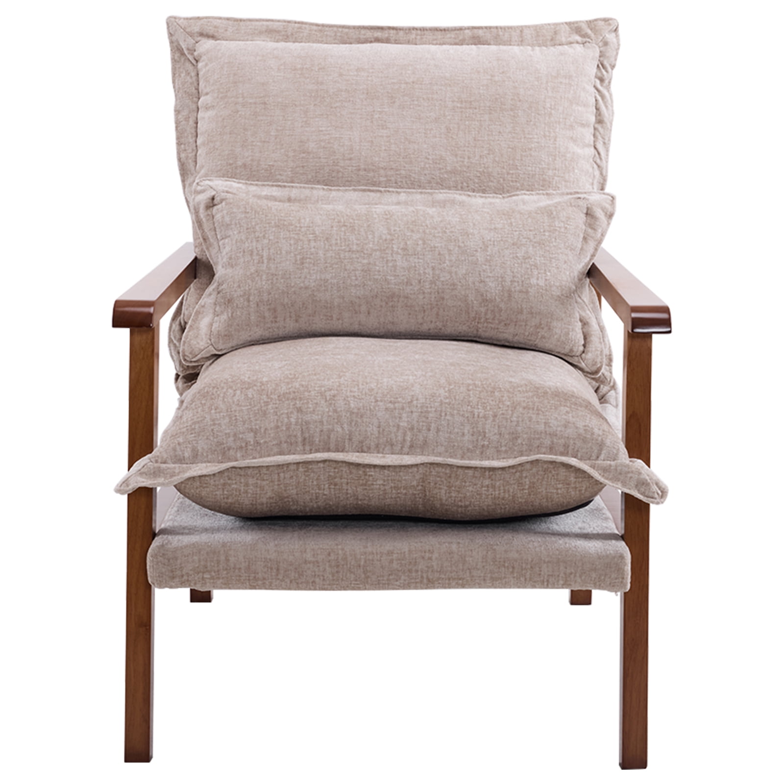 Cloud Shaped Indoor Leisure Chair with Solid Wood Armrest, Chenille Fabric Accent Chair with Lumbar Pillow, Khaki