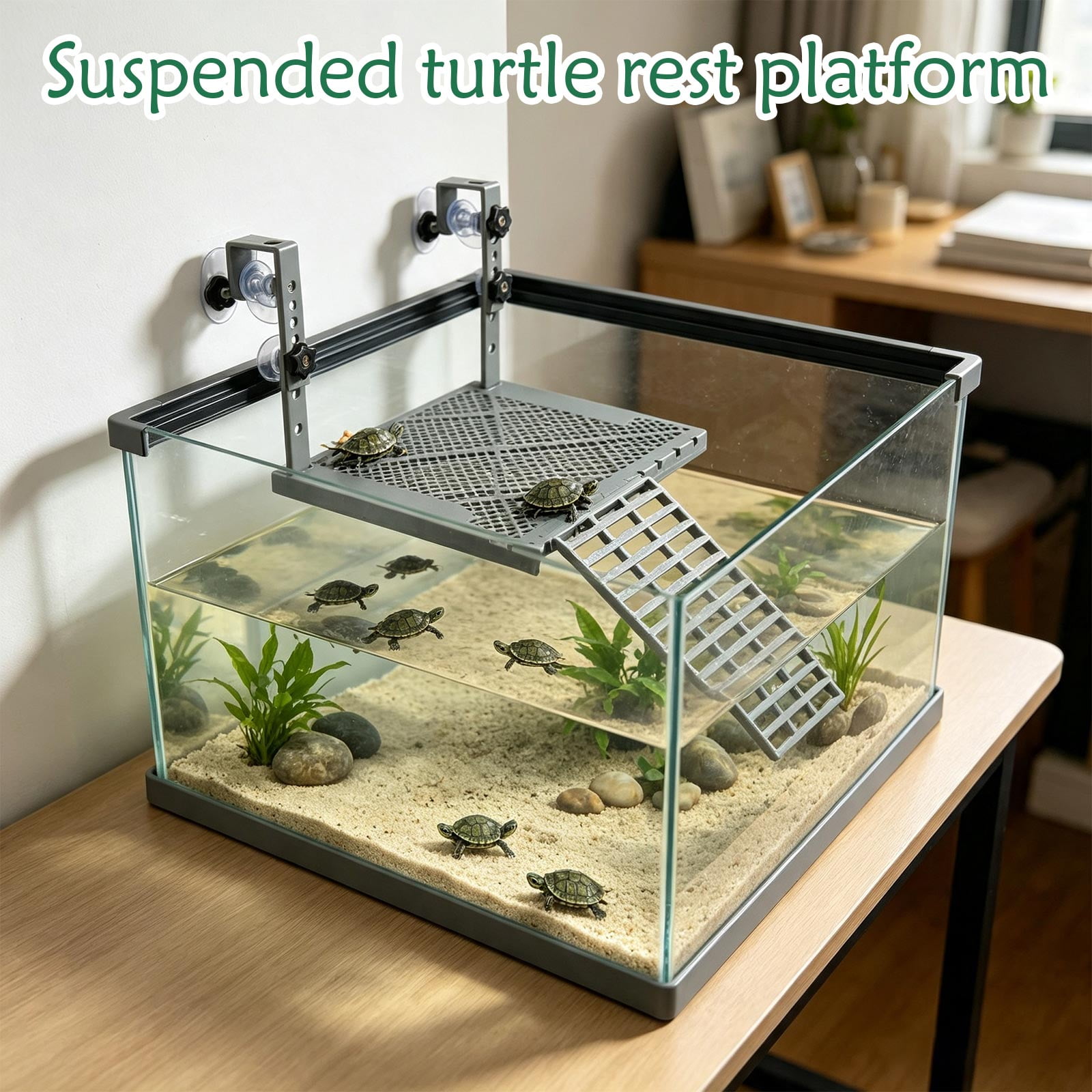 WEEEANT Suspended Turtle Basking Platform for Reptiles, Adjustable Floating Dock with Climbing Ramp and Suction Cups for Aquariums, Large Gray Rest Area