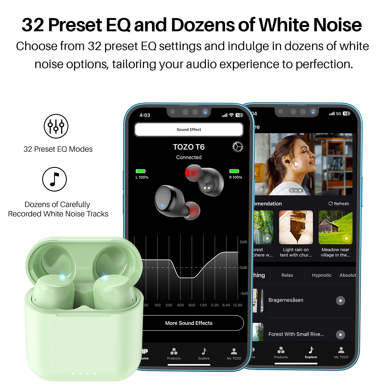 TOZO T6 Bluetooth Headphones Ear Buds Wireless, 50H, AI Chat/Translation/Clear Mics, Stereo Bass, Wireless Charging, App-32EQ, IPX8 Waterproof Headphones, Green