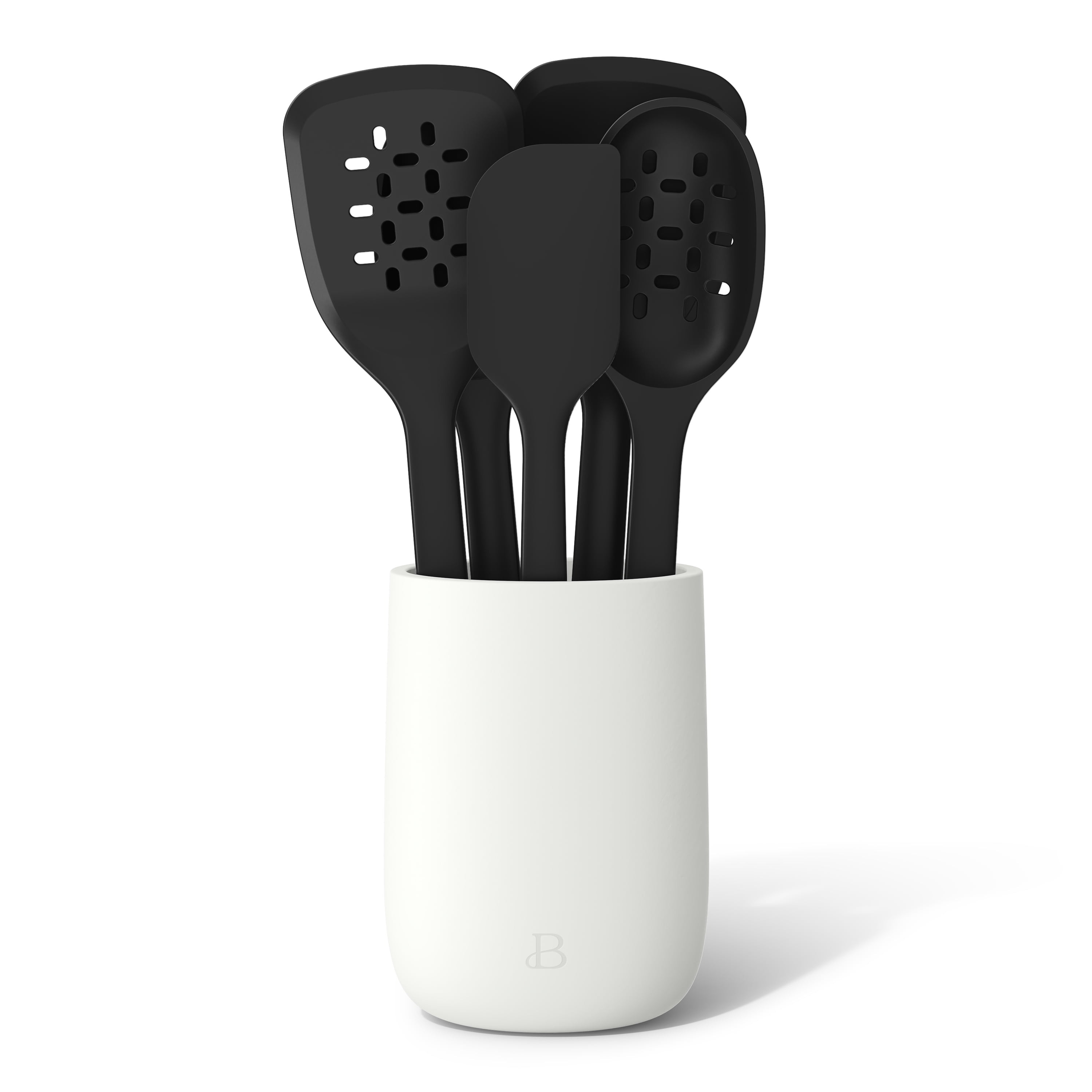 Beautiful 6-Piece Silicone Tool Set with Ceramic Crock, Black Sesame by Drew Barrymore
