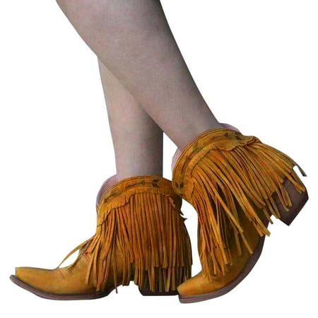 

Cowboy Boots for Women Fringe Casual Mid Calf Boots Retro Tassel Heel for Women Boots Boots for Women Fashion Retro Classic Pull On Boot for Girls Ladies Fall Winter