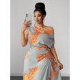 thumbnail image 2 of Multicolor Plus Size Green Floral Print One Shoulder Cinched Waist Ruched, 2 of 7