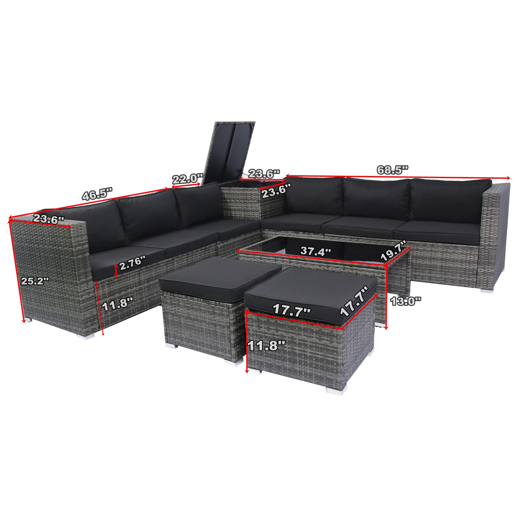 8-Piece Patio Furniture Set, All-Weather Rattan Patio Sectional Sofa Set with Storage Box & Glass Table, Configurable Outdoor Furniture for Deck, Pool, Garden, Grey & Black