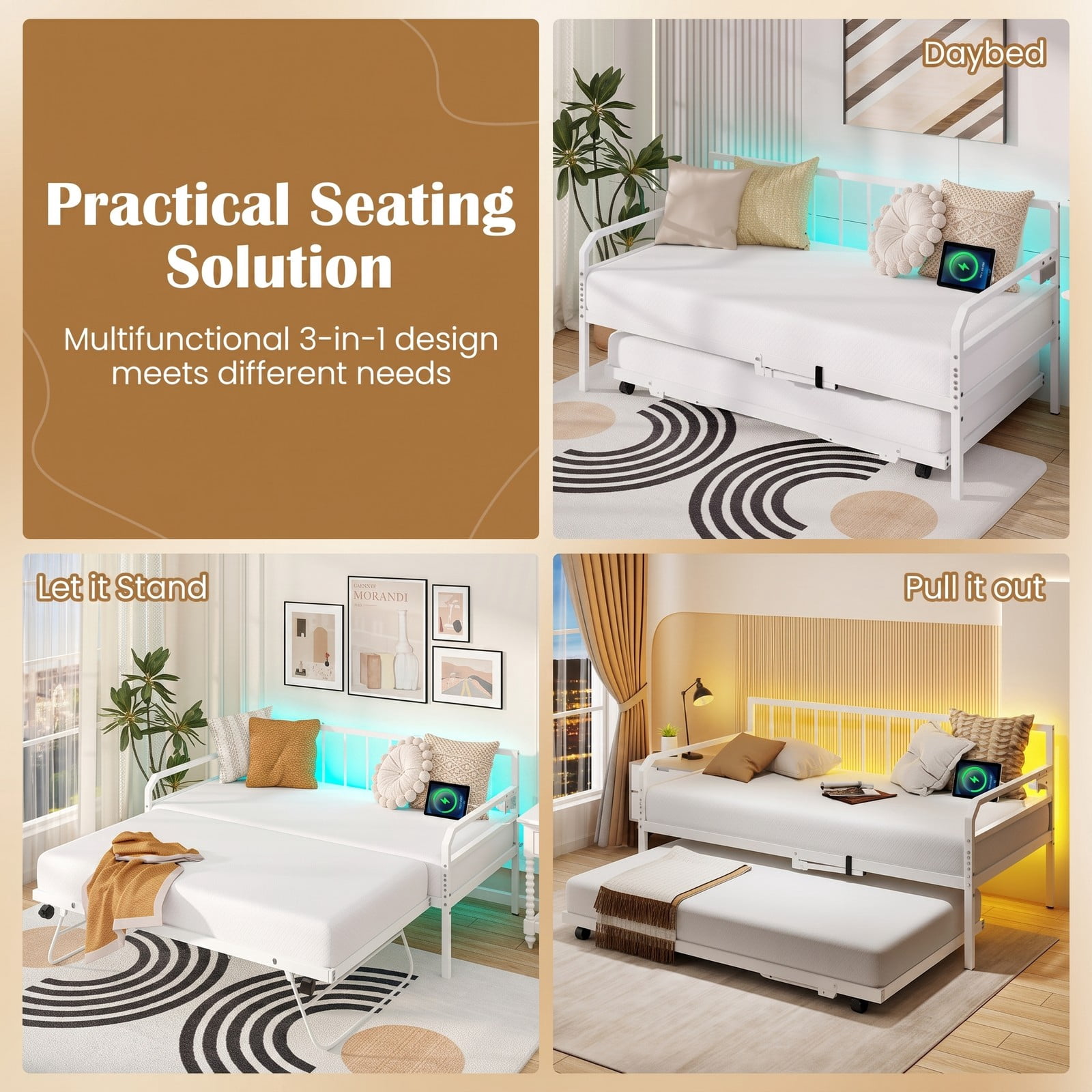 Furnibear Twin Metal Daybed with Pop-Up Trundle, Built-In Charging Station and LED Light for Bedroom and Guest Room, White