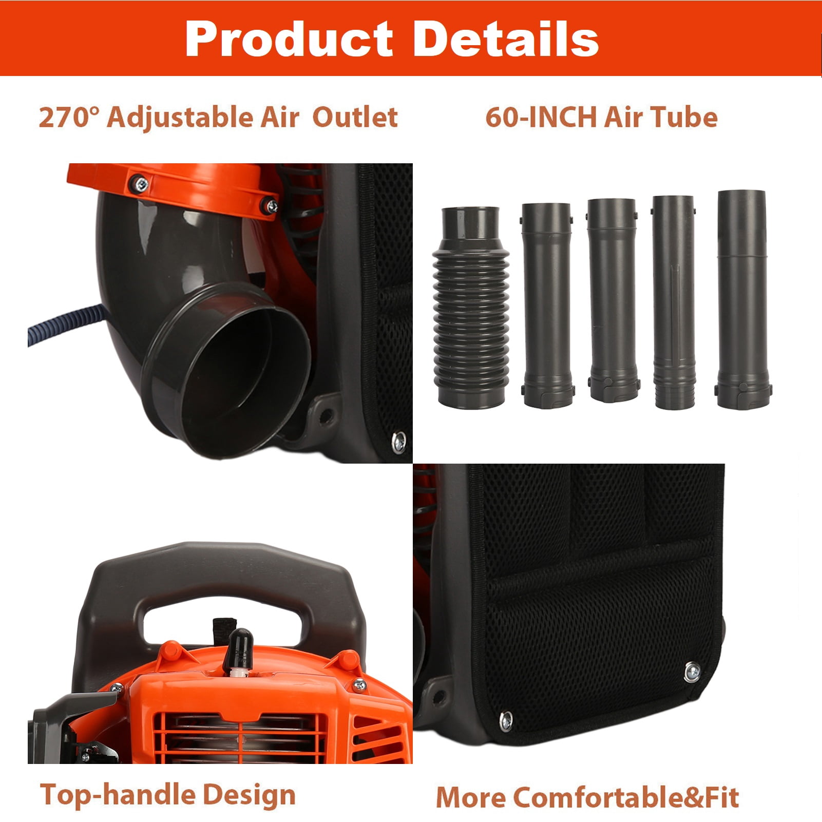 Aqmeifen 52CC 550CFM 1.7HP Gas-Powered 2-Cycle Backpack Leaf Blower for Lawn Care Orange EB430