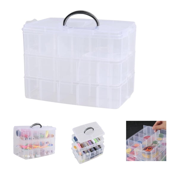 Stackable Crafts Storage Box, 3 Layer 30 Adjustable Compartments Snap-Lock Clear Container Box for Storing Toy Jewelry Accessory,Clear ,1Pcs