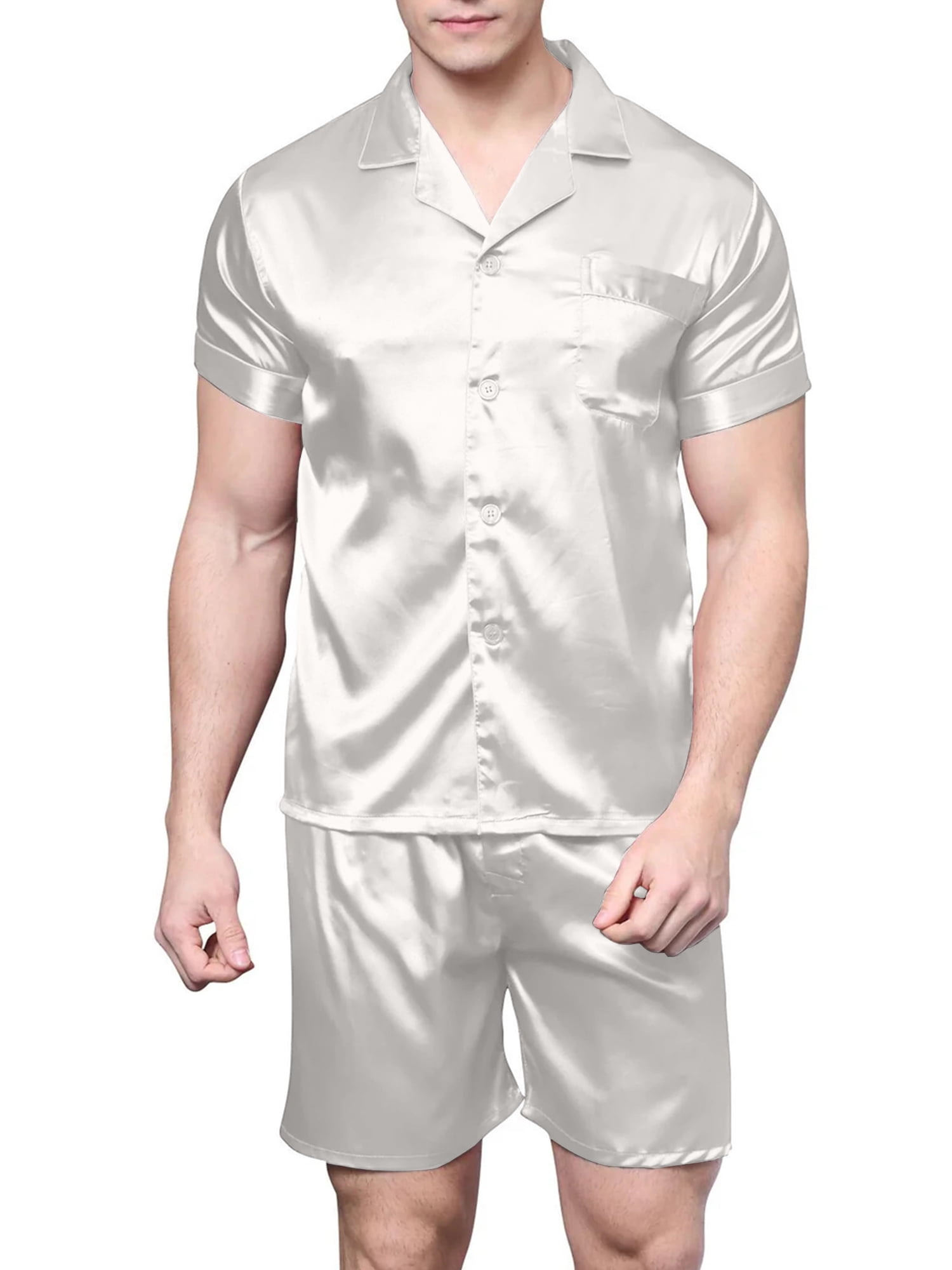Hanerdun Men 2PCS Pjs Set Male Button Down Pajama Sets Loungewear White