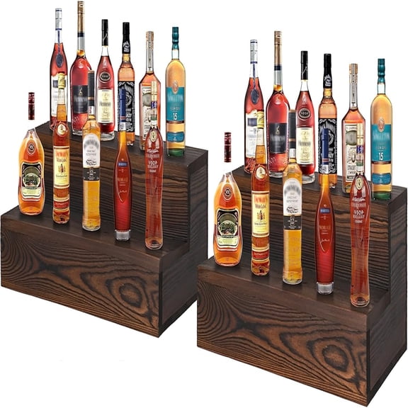 Liquor Bottle Display Shelf, 2 Pack Wood Bar Shelves, Tabletop Wine Rack, Bottle Stand for Liquor Display, Home Bar Display