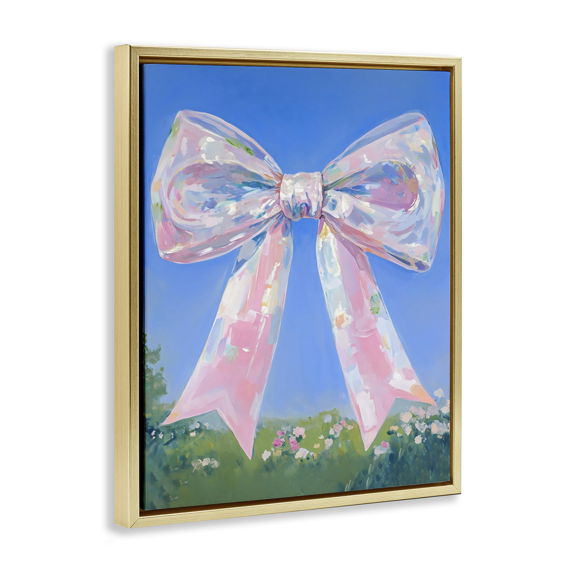 Stupell Industries Iridescent Pink Bow in Meadow Gold Framed Floater Canvas Wall Art, design by The Prints Vibe